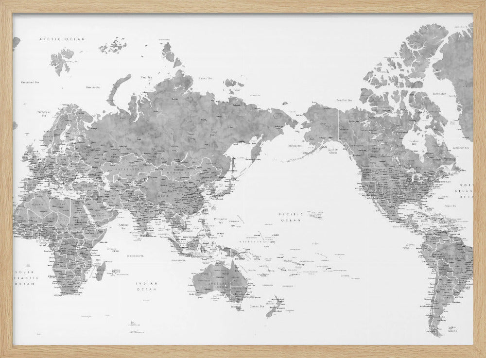 Pacific centered world map in gray watercolor Poster