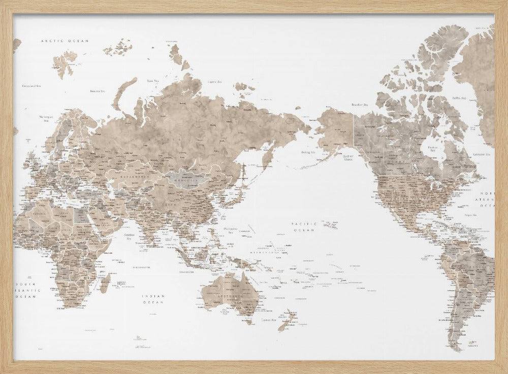 Pacific centered world map in taupe Poster