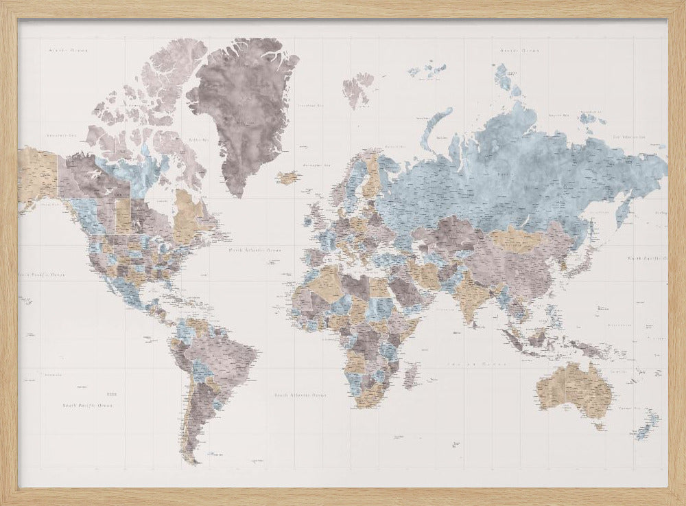 Mahler highly detailed world map with cities Poster