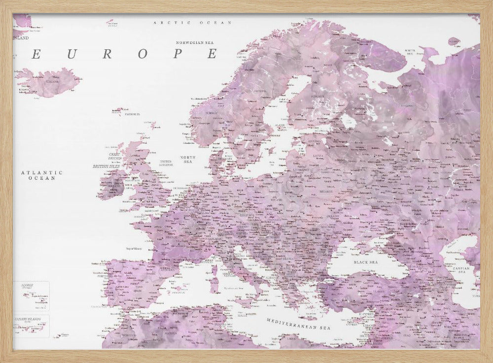 Purple detailed map of Europe Poster