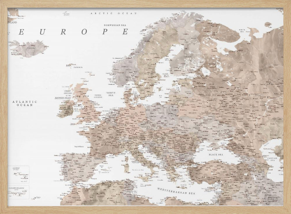 Taupe detailed map of Europe Poster