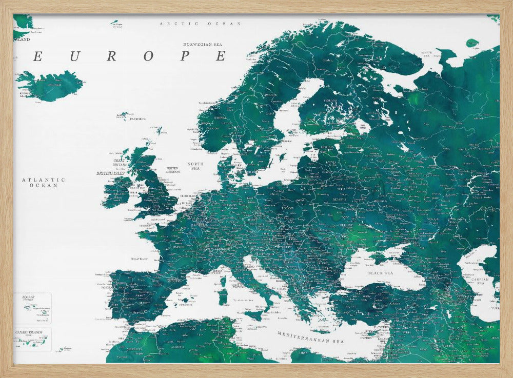 Teal detailed map of Europe Poster