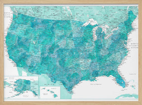 Highly detailed map of the United States, Caribbean waters Poster