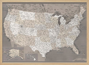 Highly detailed map of the United States, dark taupe Poster