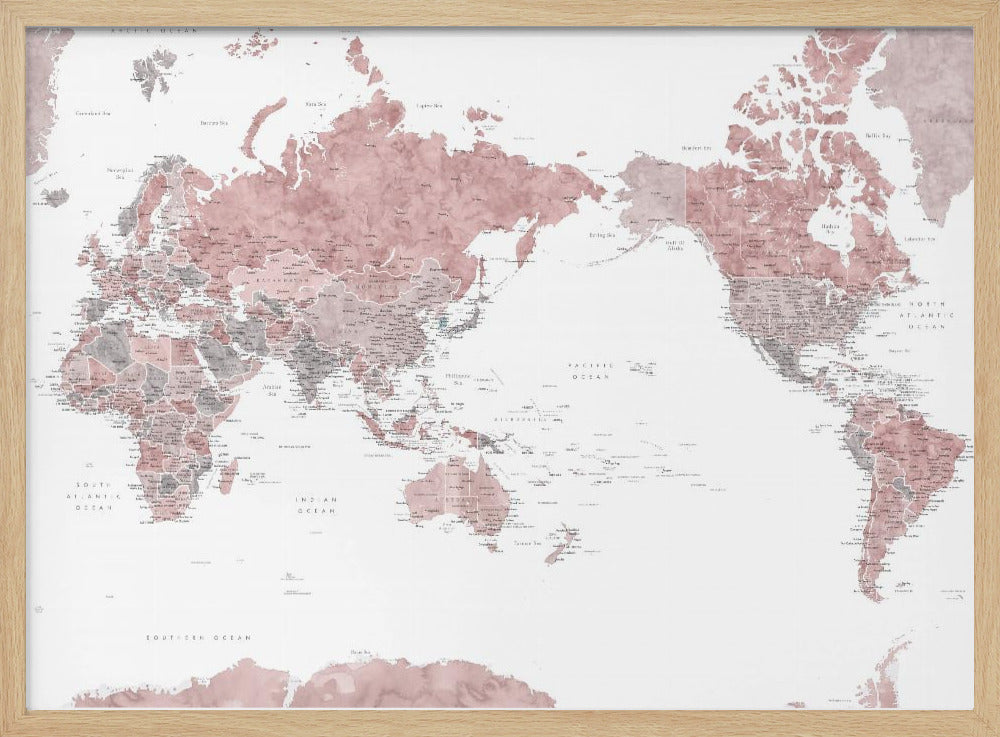 Pacific-centered world map with cities, Piper Poster