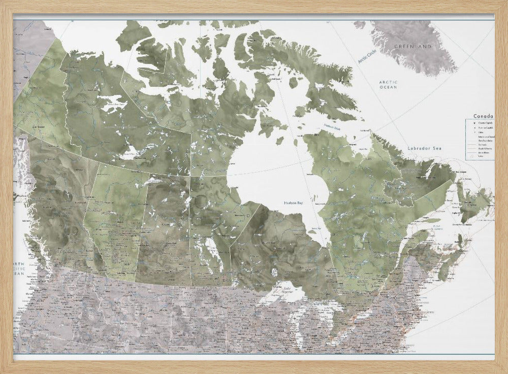 Detailed map of Canada in green watercolor, Helo Poster