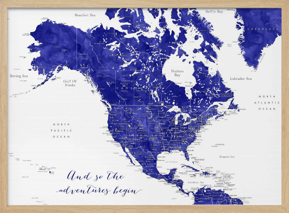 Adventure map of North America in cobalt blue Poster