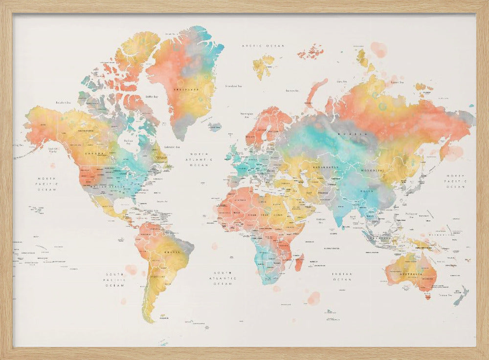 Watercolor world map with countries, Fifi Poster