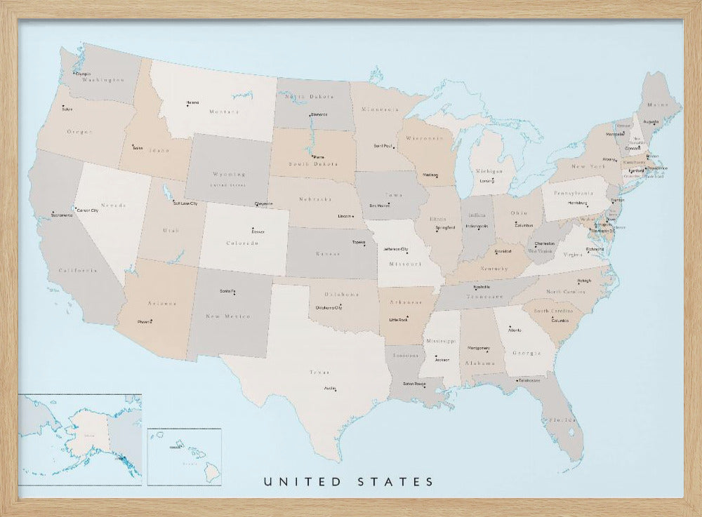 Isolated map of the United States with States and State capitals Poster