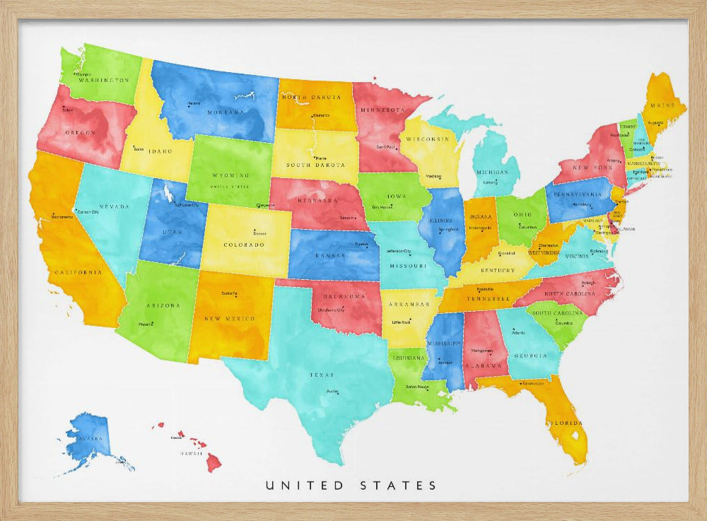 Colorful map of the United States with States and State capitals Poster