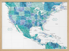 Aqua map of the United States and the Caribbean sea Poster