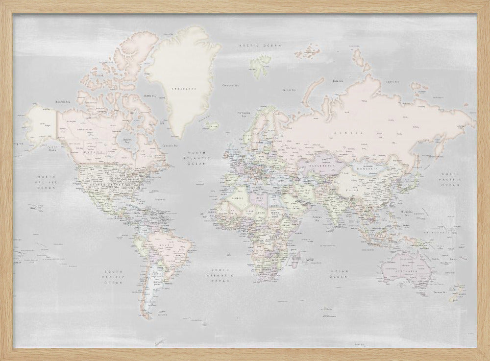 Detailed world map with cities, Maeli pastels Poster