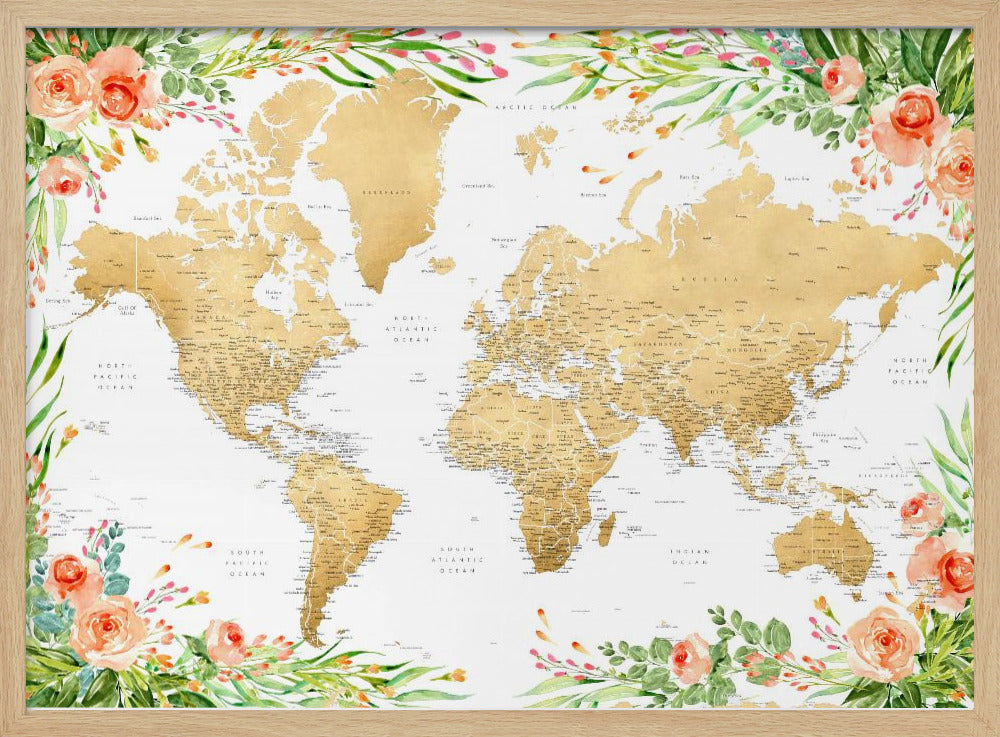 Floral bohemian world map with cities, Blythe Poster