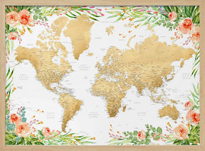 Floral bohemian world map with cities, Blythe Poster