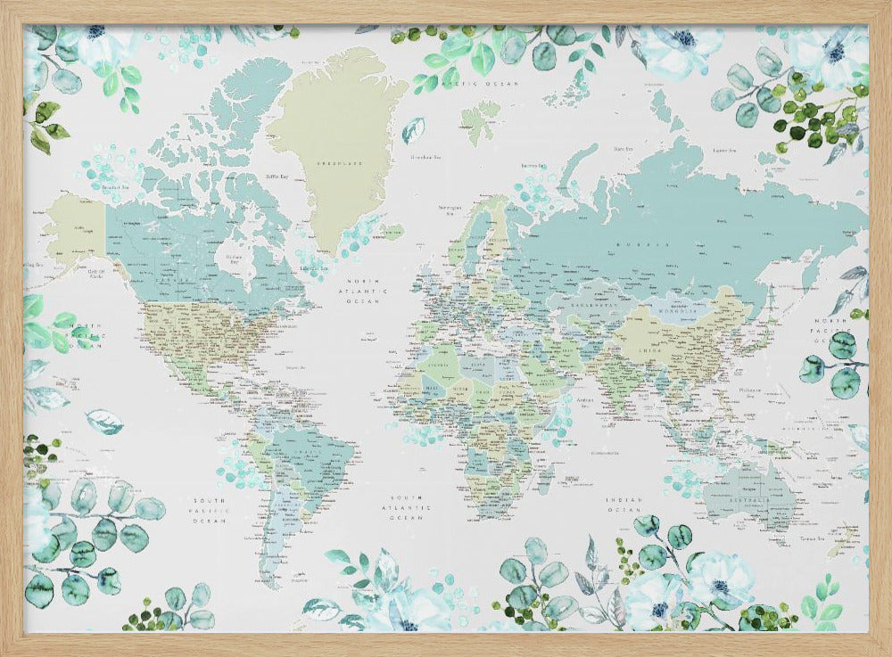 Detailed world map with cities and florals, Marie Poster