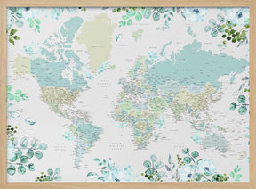 Detailed world map with cities and florals, Marie Poster