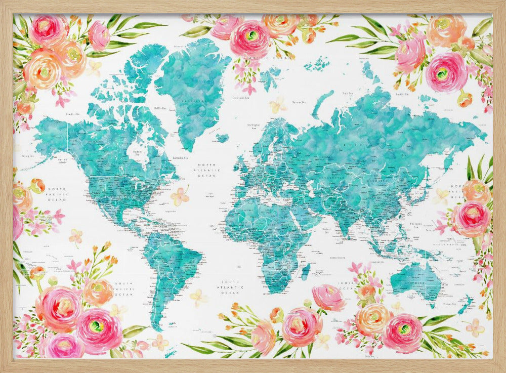 Detailed floral world map with cities, Haven Poster