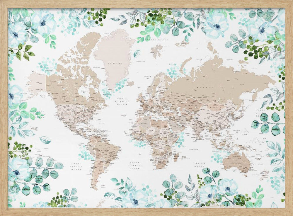 Detailed floral world map with cities, Leanne Poster