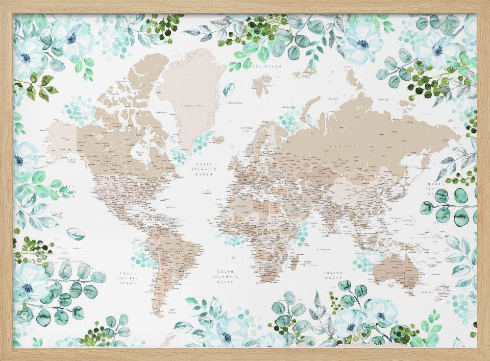 Detailed floral world map with cities, Leanne Poster