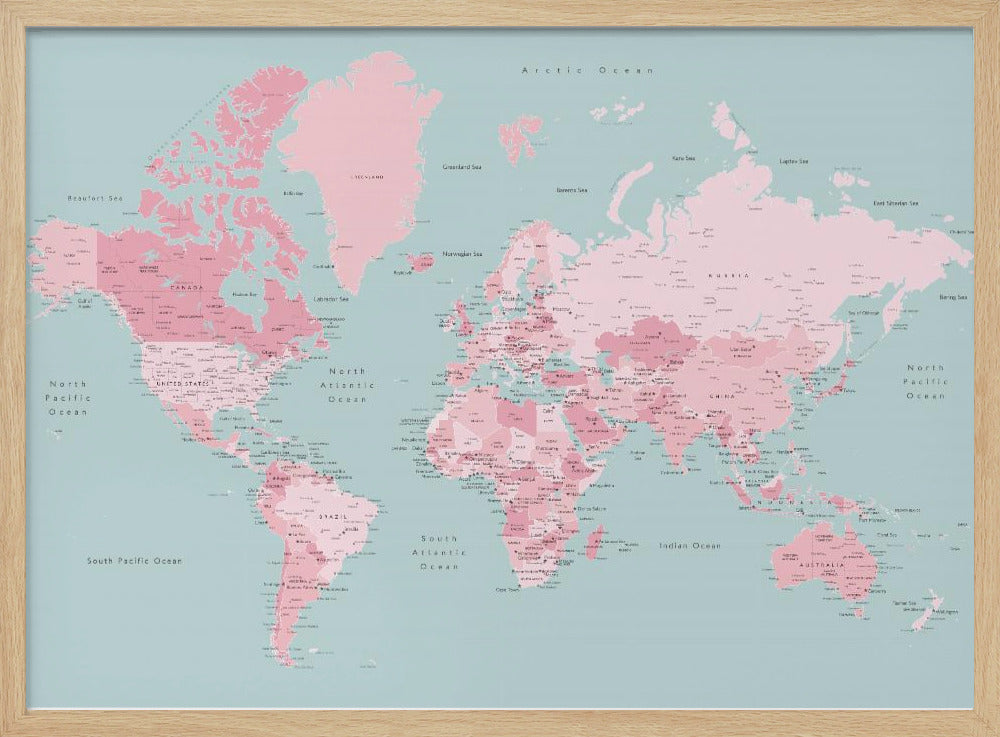 Pink and aqua world map with cities, Isobel Poster