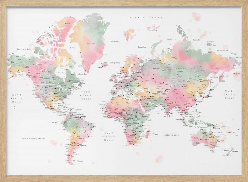 Pastel watercolor world map with cities, Anjah Poster