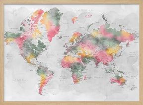 Watercolor world map with cities, Zadie Poster