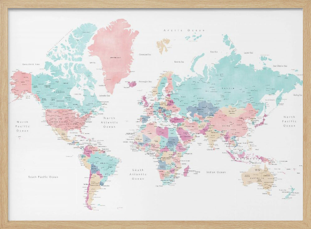 Distressed pastels world map with cities, Carmen Poster