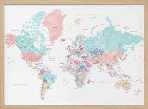 Distressed pastels world map with cities, Carmen Poster