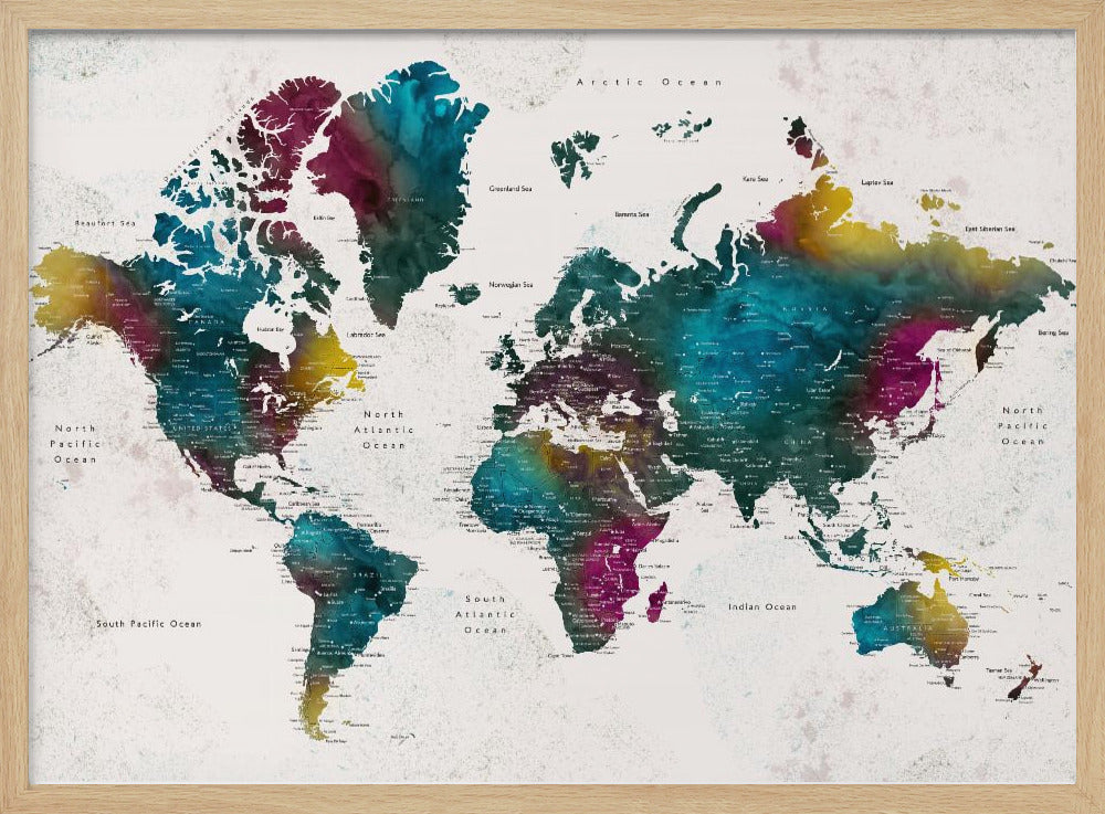 Watercolor world map with cities, Charleena Poster