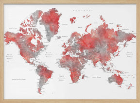 Red world map with cities, Lyssah Poster