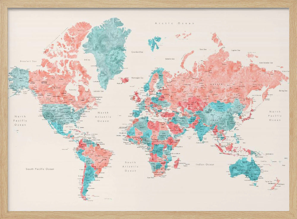 Watercolor world map with cities, Charlotte Poster