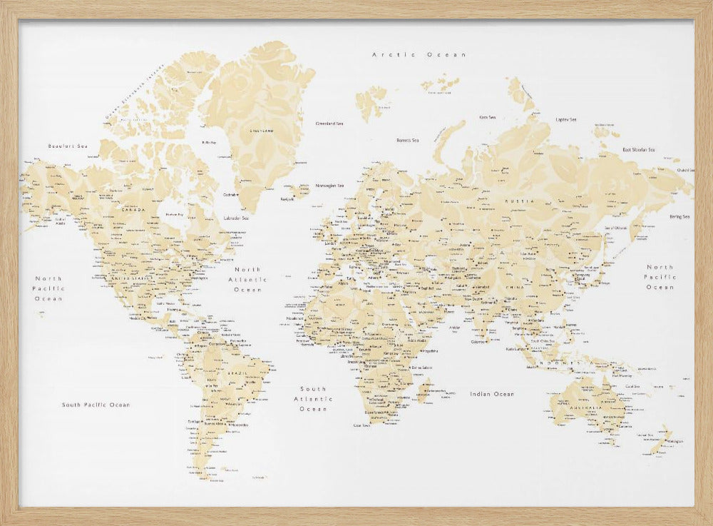 Soft florals world map with cities, Remy Poster