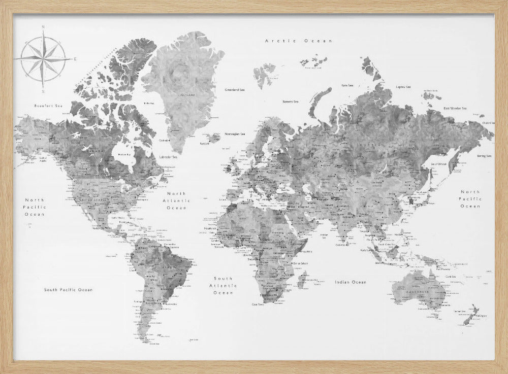 Grayscale watercolor world map with cities, Rylan Poster