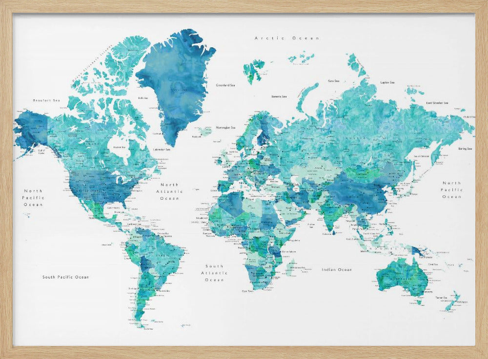 Watercolor world map with cities, Uzziel Poster