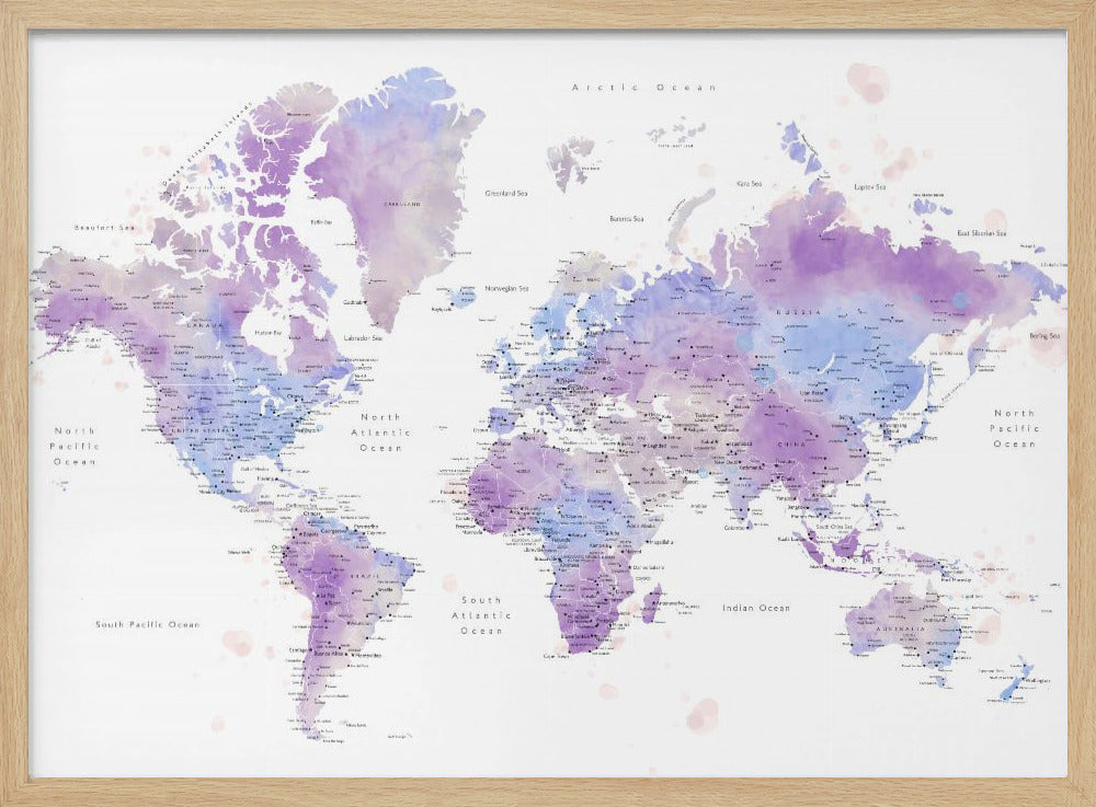 Watercolor world map with cities, Gina Poster