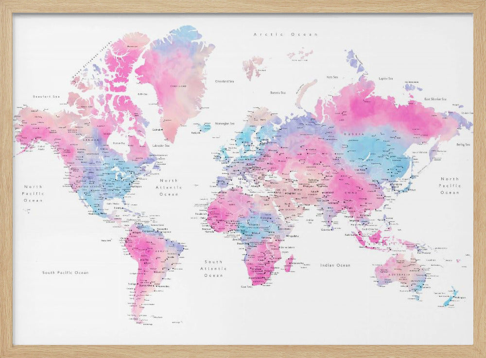 Watercolor world map with cities, Keahi Poster