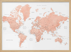 Rose gold world map with cities, Hadi Poster