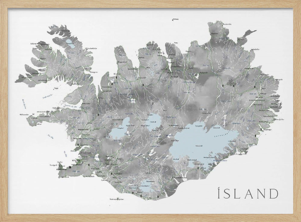 Island - Iceland map in gray watercolor with native labels Poster