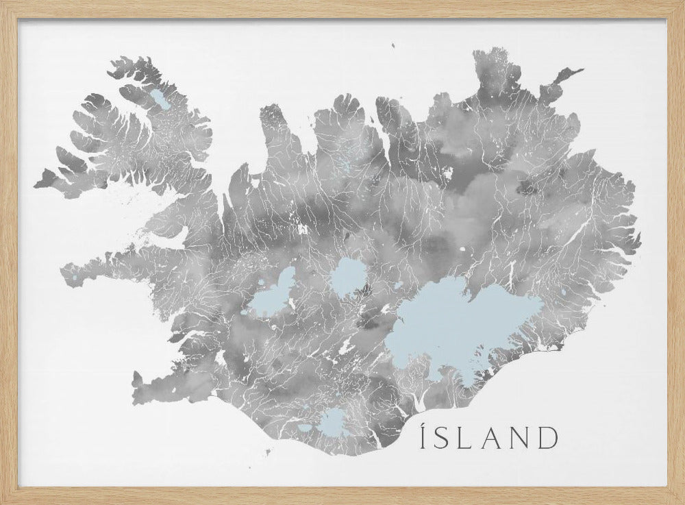 Ísland - Iceland blank map in gray watercolor Poster