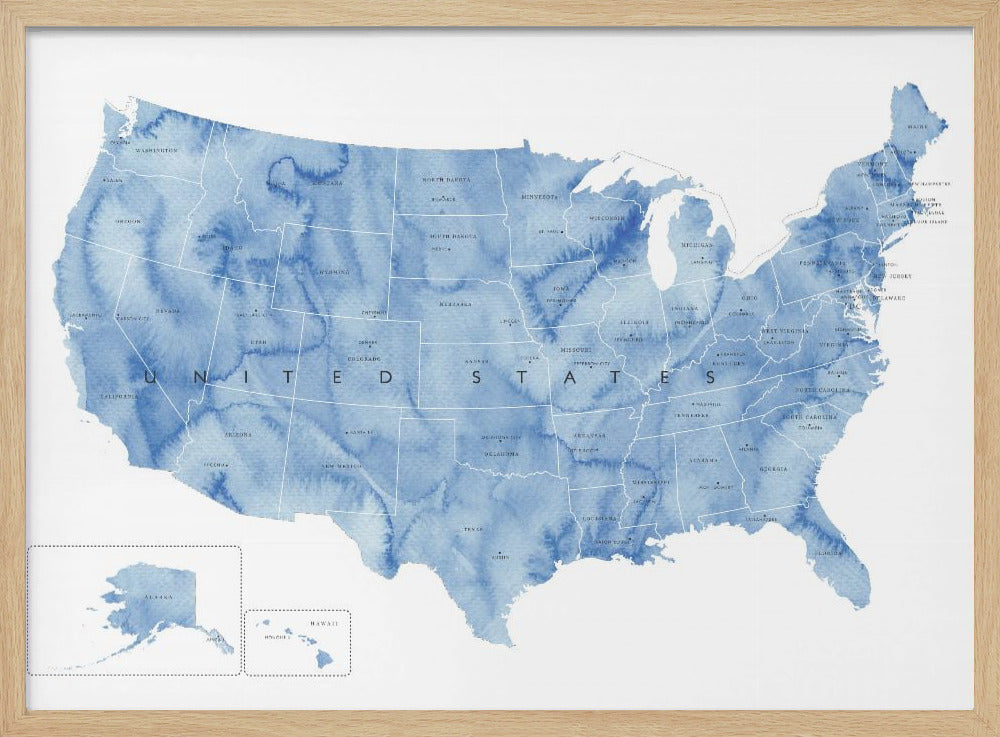 Blue watercolor map of the USA with states and state capitals Poster