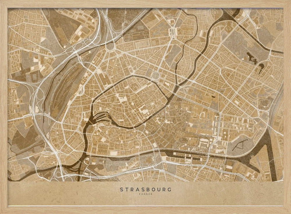 Sepia vintage map of Strasbourg downtown France Poster