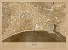 Sepia vintage map of Nice downtown France Poster