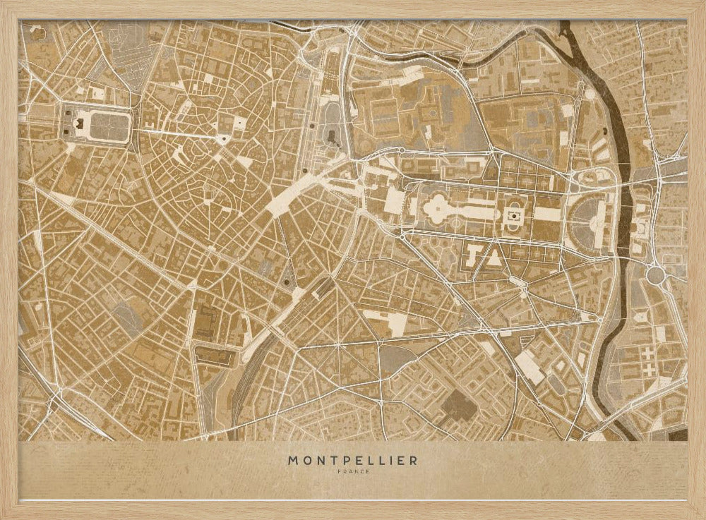 Sepia vintage map of Montpellier downtown France Poster