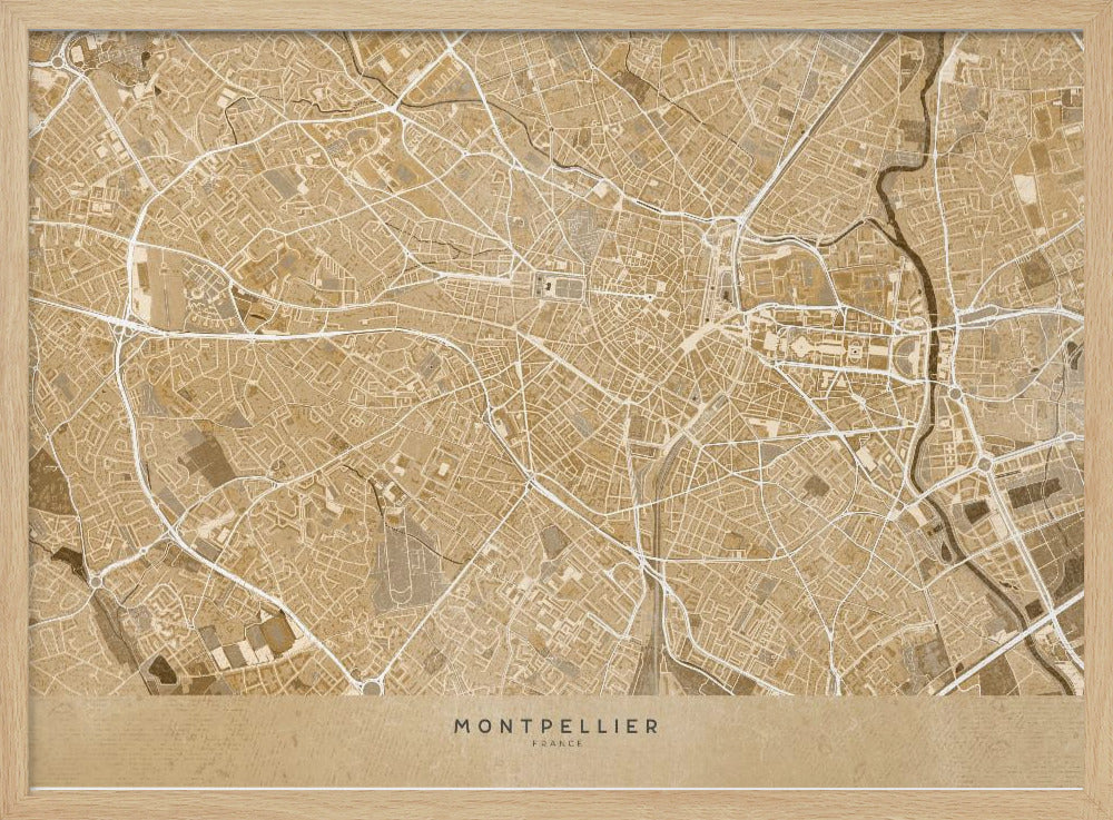 Sepia vintage map of Montpellier France Poster