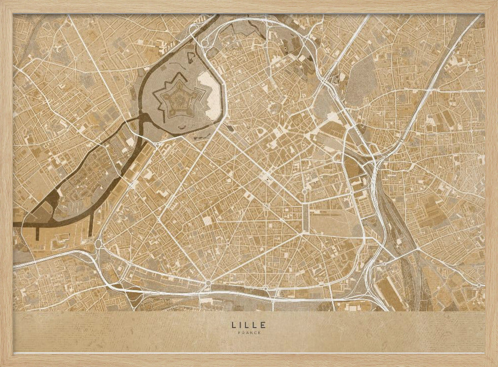 Sepia vintage map of Lille downtown France Poster