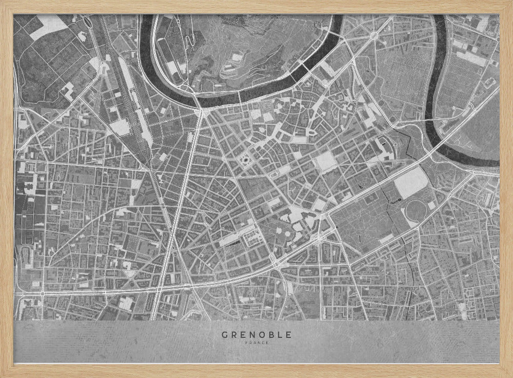 Gray vintage map of Grenoble downtown France Poster