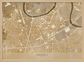 Sepia vintage map of Grenoble downtown France Poster