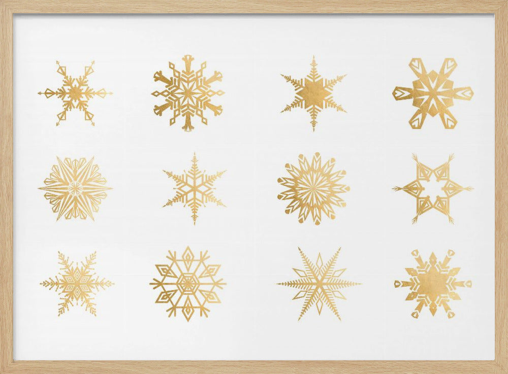 Twelve geometric snowflakes in gold Poster