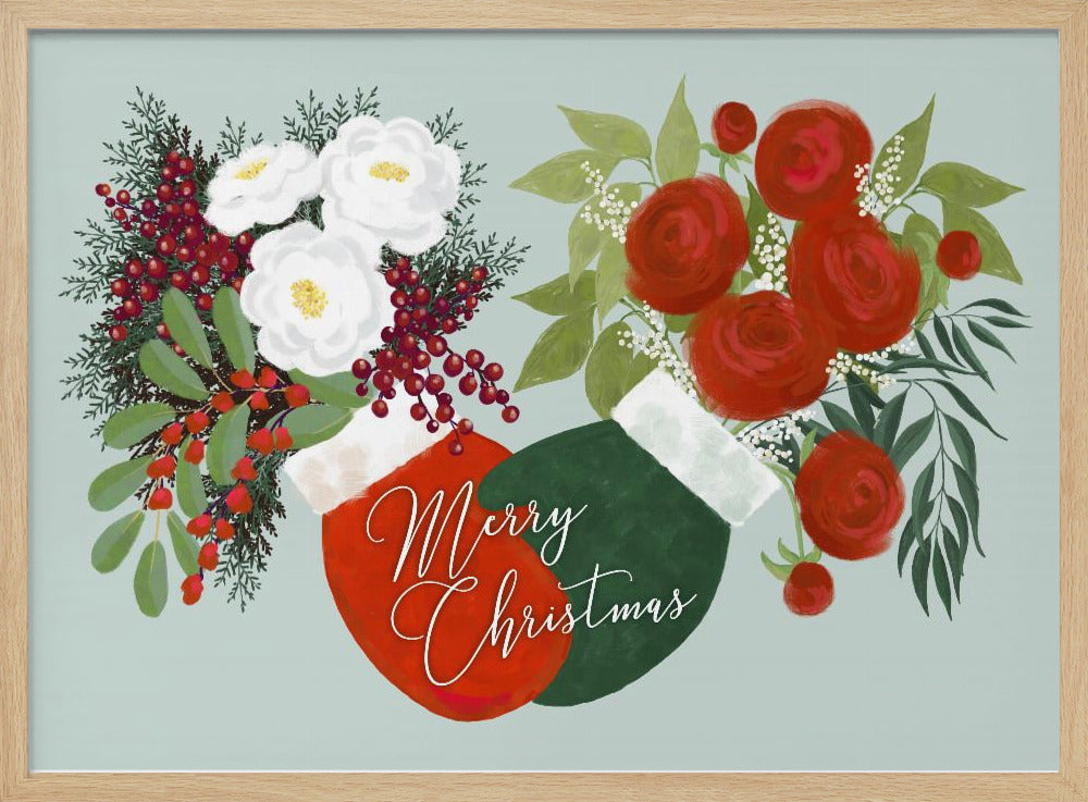 Floral mittens Merry Christmas in mint Poster