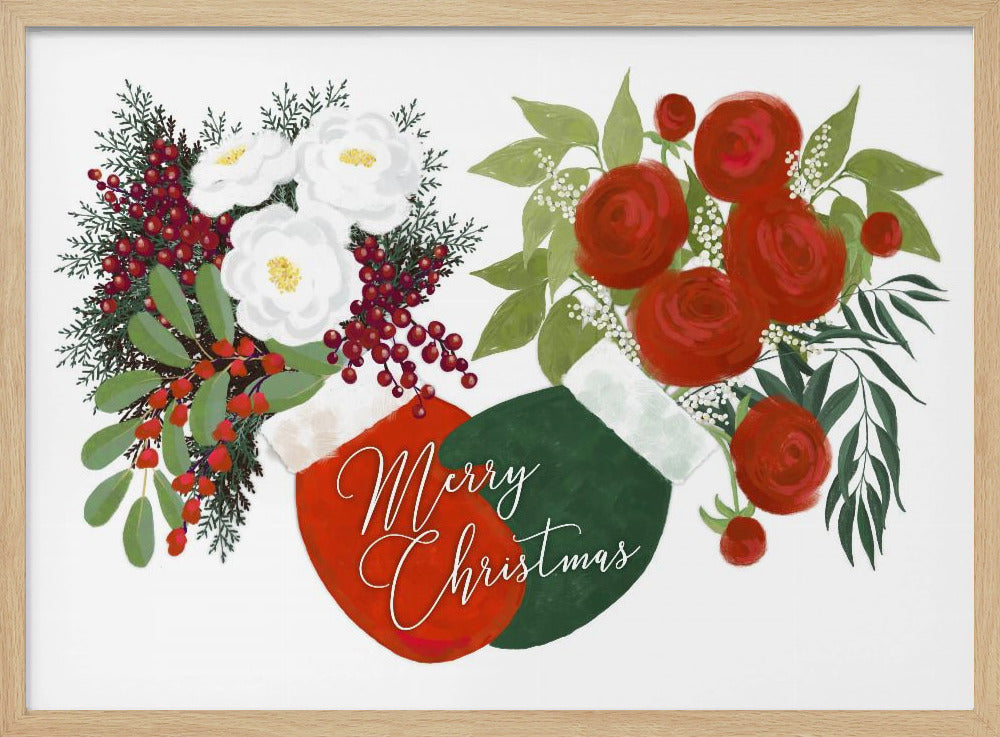 Floral mittens Merry Christmas in white Poster